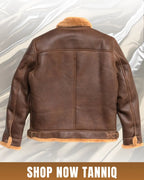 Brown shearling bomber jacket from back side in top of white background wth a text "SHOP NOW TANIQ"