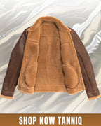 Brown leather jacket with fur lining on a white background, featuring 'Shop Now Tanniq' text.