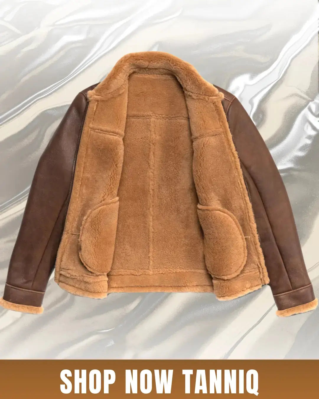 Brown leather jacket with fur lining on a white background, featuring 'Shop Now Tanniq' text.