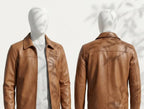 Brown leather jacket displayed on mannequins from front and back views against a white background