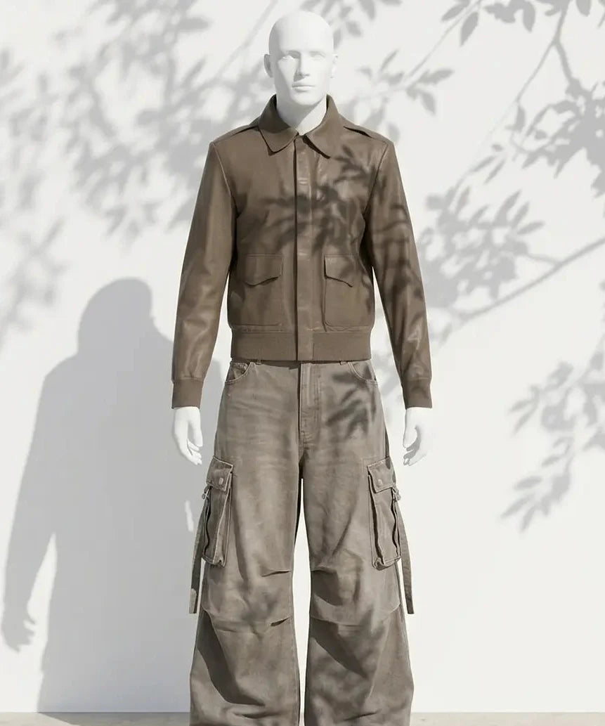 Mannequin wearing a brown jacket and cargo pants against a white background with leaf shadows.