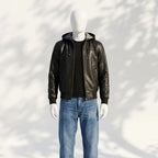 Mannequin wearing a black leather jacket, black shirt, blue jeans, and white shoes on a white background