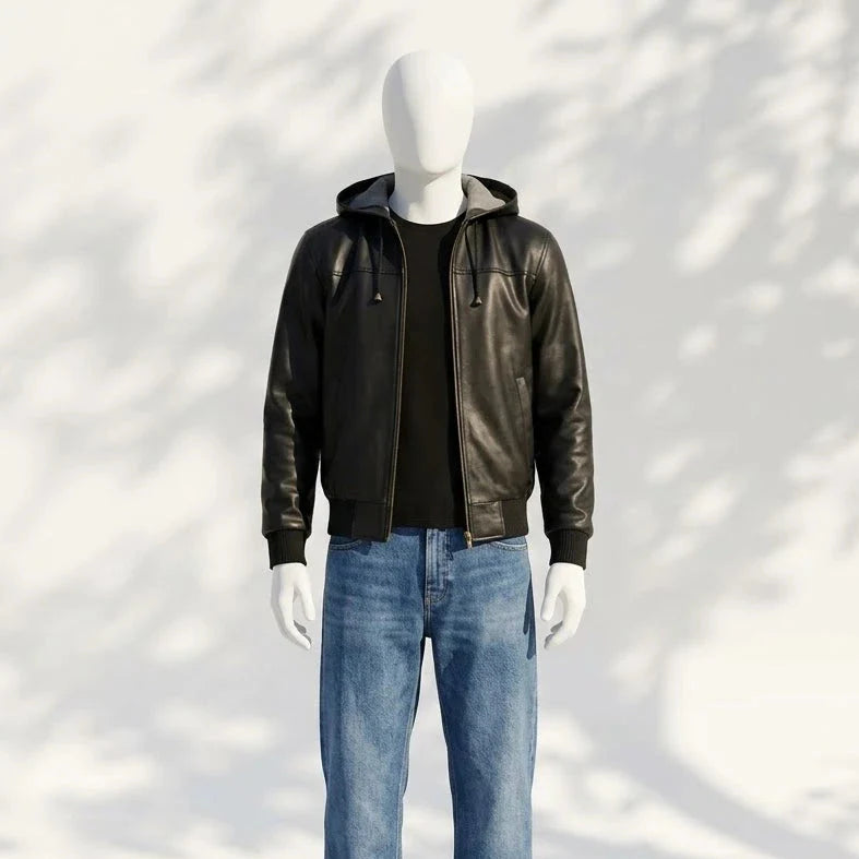 Mannequin wearing a black leather jacket, black shirt, blue jeans, and white shoes on a white background