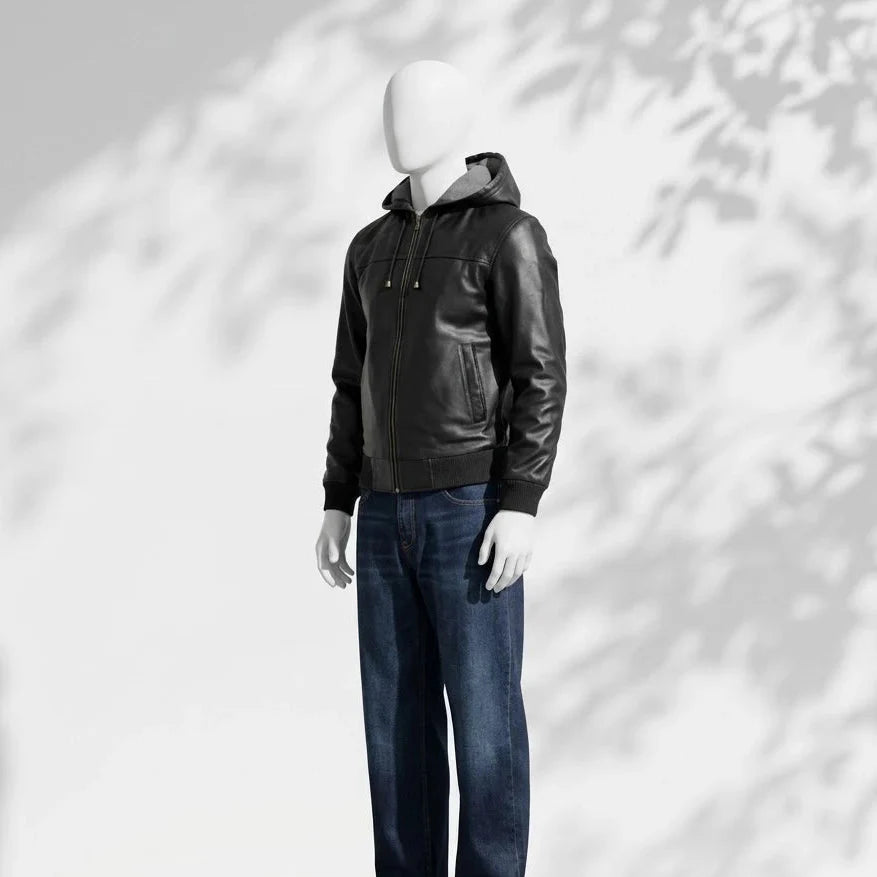 Mannequin wearing a black leather jacket and blue jeans on a white background