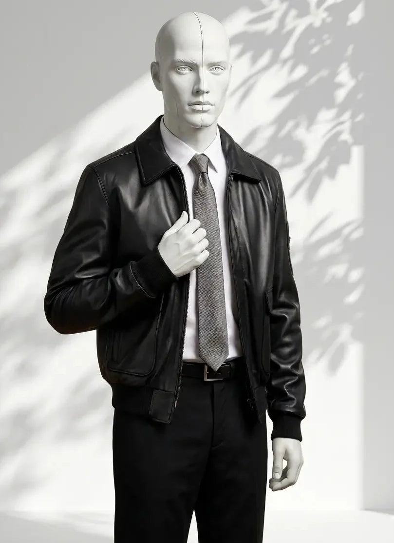 Mannequin wearing a black leather jacket and gray tie against a white background