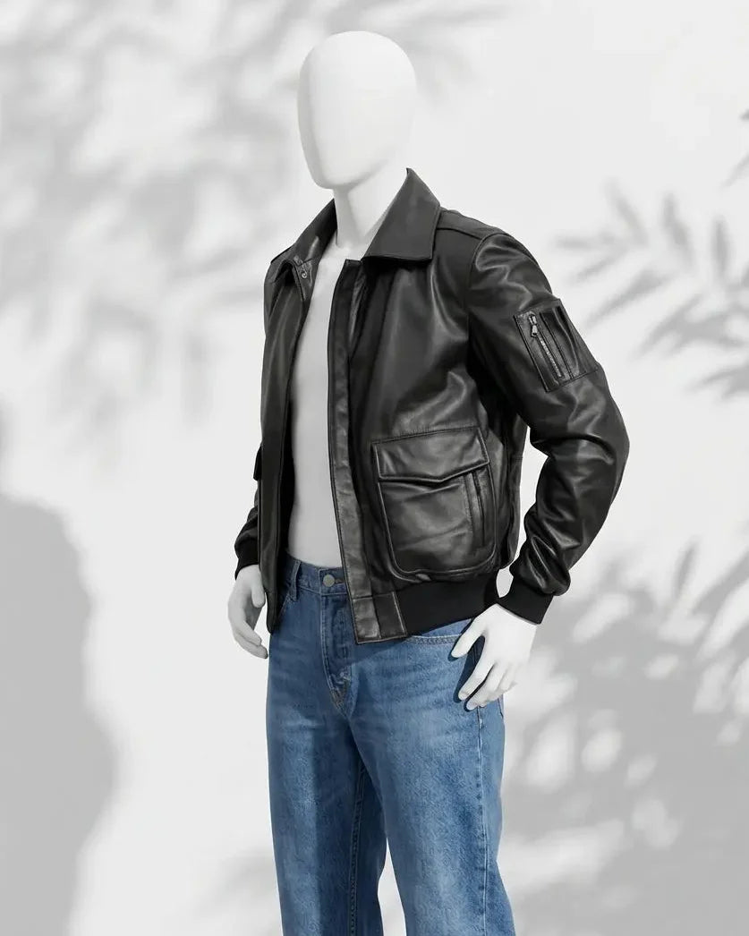 Mannequin wearing a black leather jacket and blue jeans against a white background