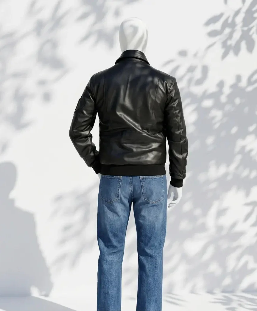 Mannequin wearing a black leather jacket and blue jeans against a white background