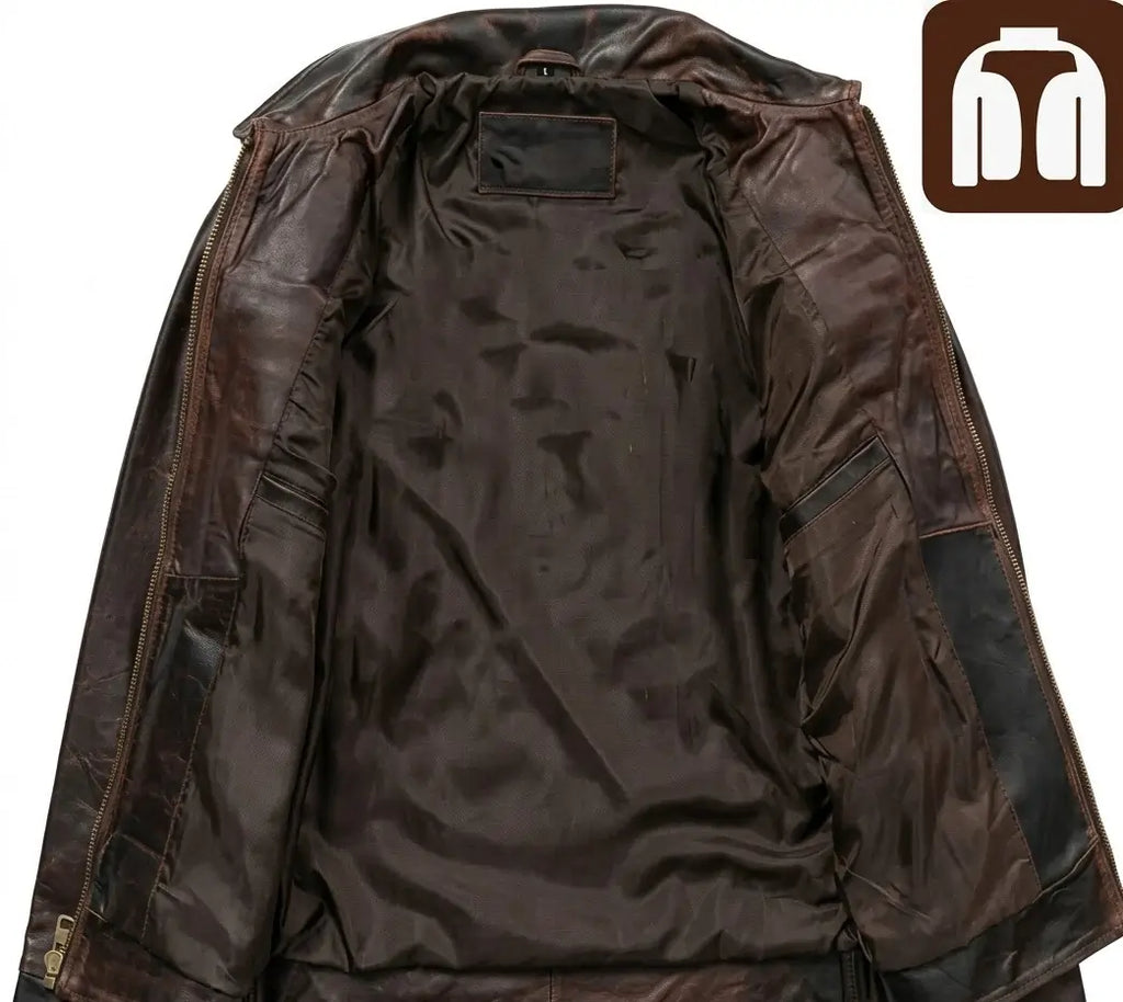 Brown leather jacket with a brand logo in the corner