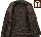 Brown leather jacket with a brand logo in the corner