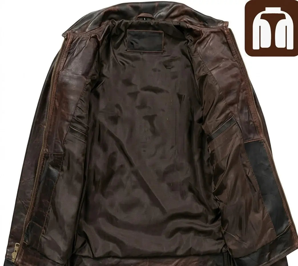 Brown leather jacket with a brand logo in the corner