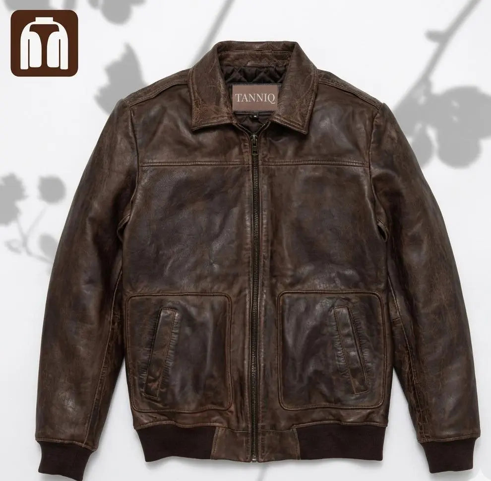 Tanniq Aviator Distressed Sheepskin Bomber Leather Jacket | Detachable Collar