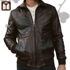 Tanniq Aviator Distressed Sheepskin Bomber Leather Jacket | Detachable Collar