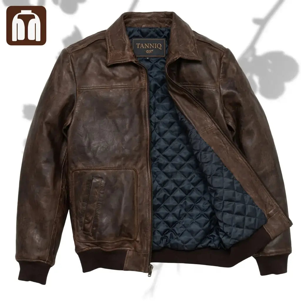 Tanniq Aviator Distressed Sheepskin Bomber Leather Jacket | Detachable Collar