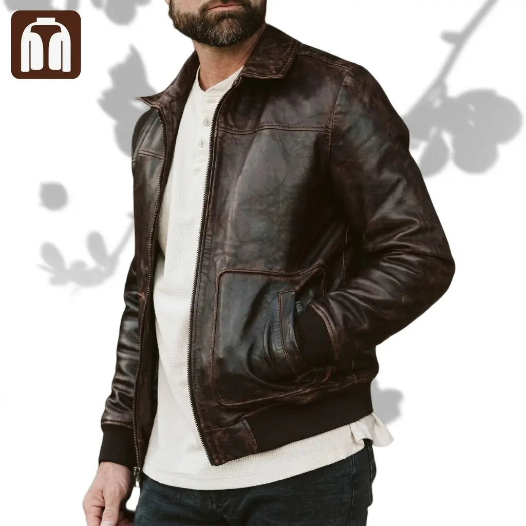 Tanniq Aviator Distressed Sheepskin Bomber Leather Jacket | Detachable Collar