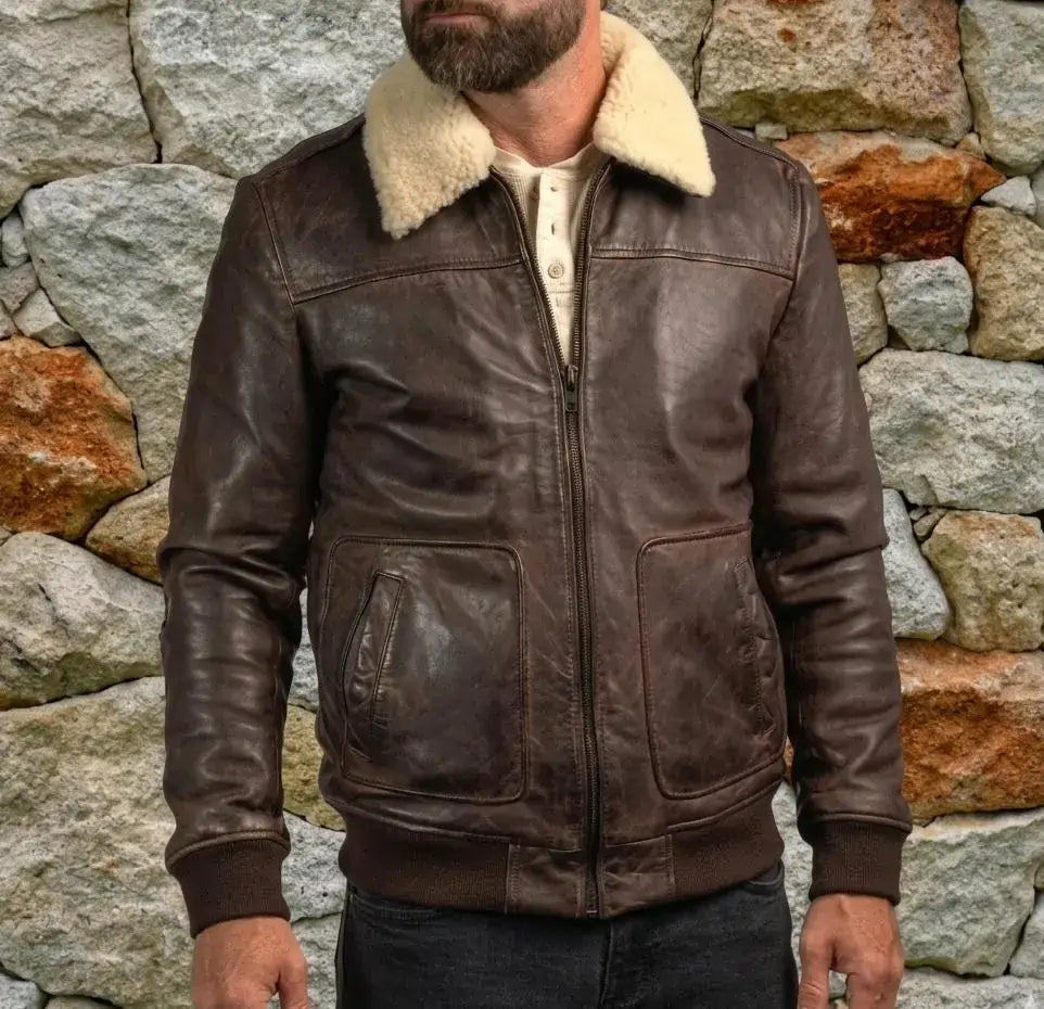Tanniq Aviator Distressed Sheepskin Bomber Leather Jacket | Detachable Collar