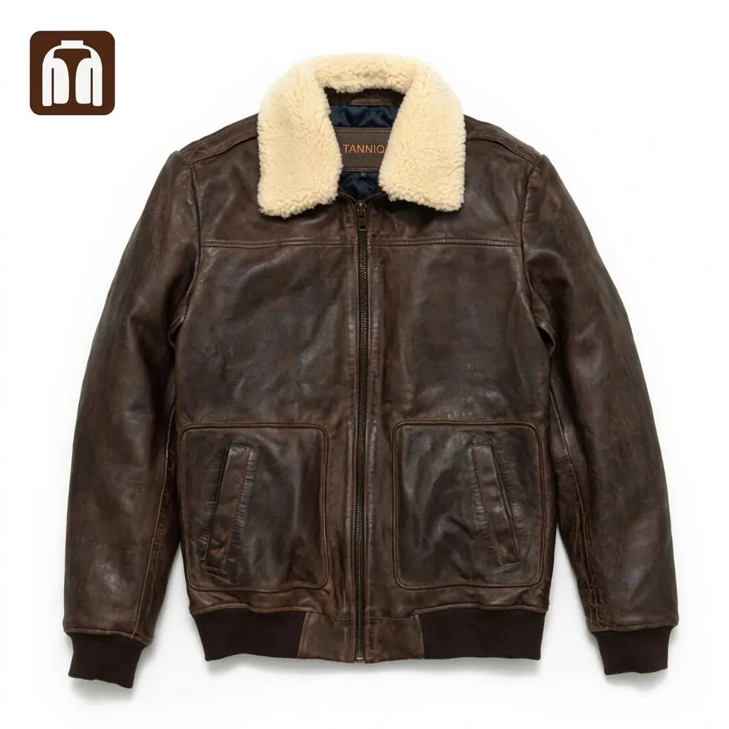 Tanniq Aviator Distressed Sheepskin Bomber Leather Jacket | Detachable Collar