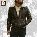 Man wearing a brown leather jacket with white fur lining against a neutral background