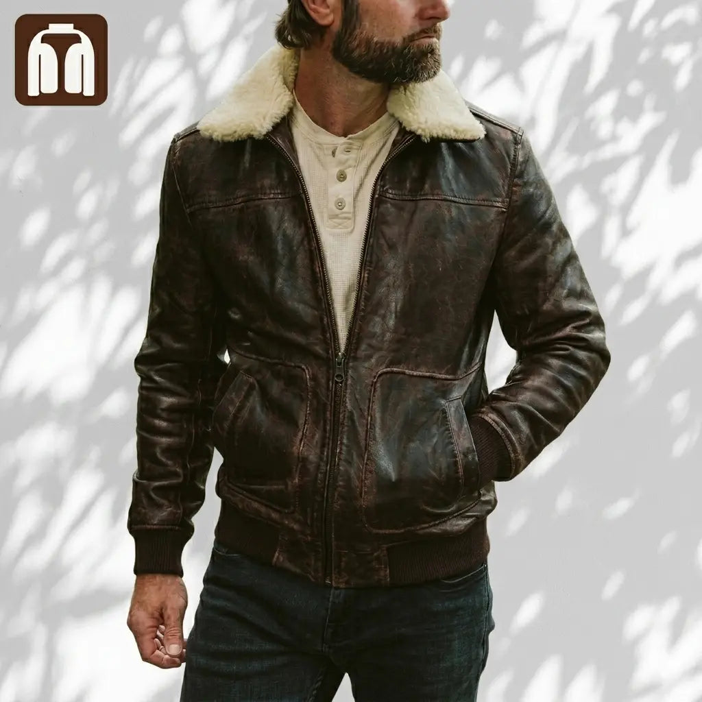 Man wearing a brown leather jacket with white fur lining against a neutral background