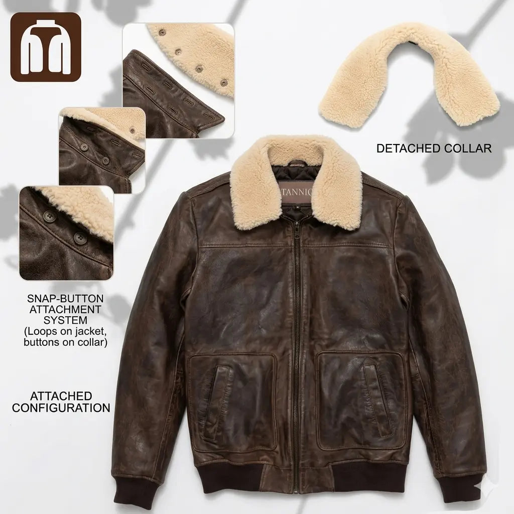 Tanniq Aviator Distressed Sheepskin Bomber Leather Jacket | Detachable Collar