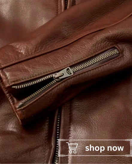 Brown leather jacket with a zipper, featuring a 'shop now' call-to-action button.