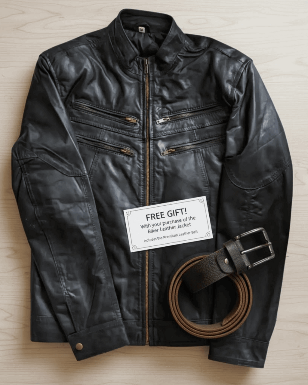 TANNIQ Iron Edge Sheepskin Biker Lightweight Jacket with Free Brown Leather Belt
