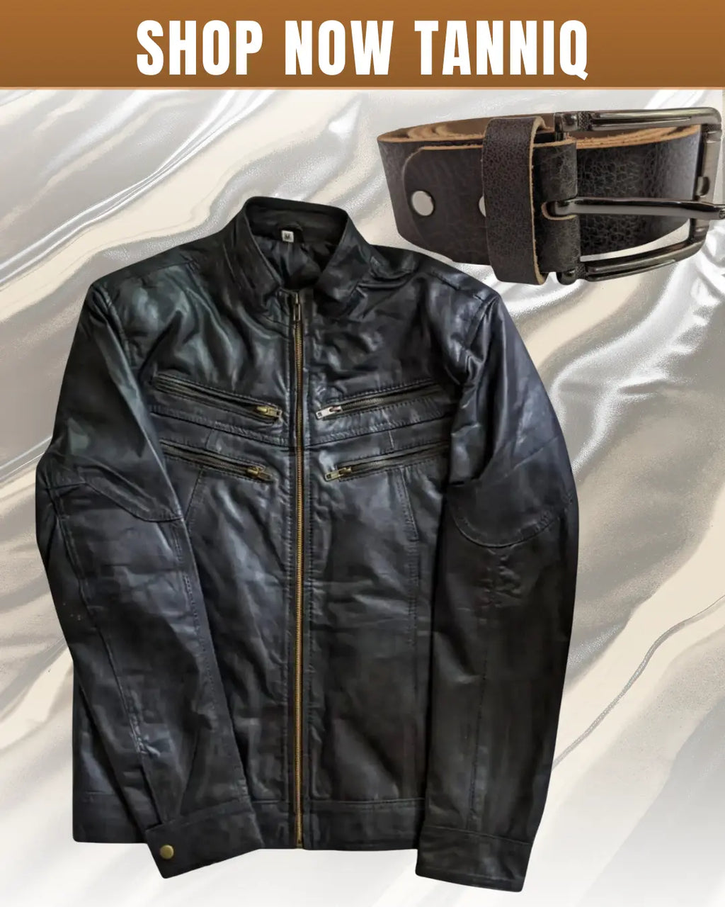 TANNIQ Iron Edge Sheepskin Biker Lightweight Jacket with Free Brown Leather Belt