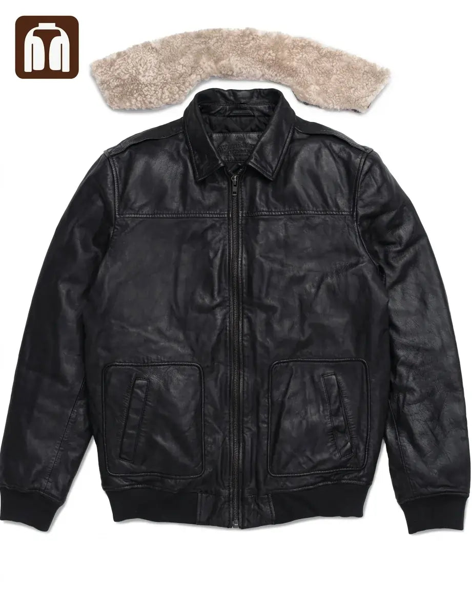Tanniq Aviator Distressed Sheepskin Bomber Leather Jacket | Detachable Collar