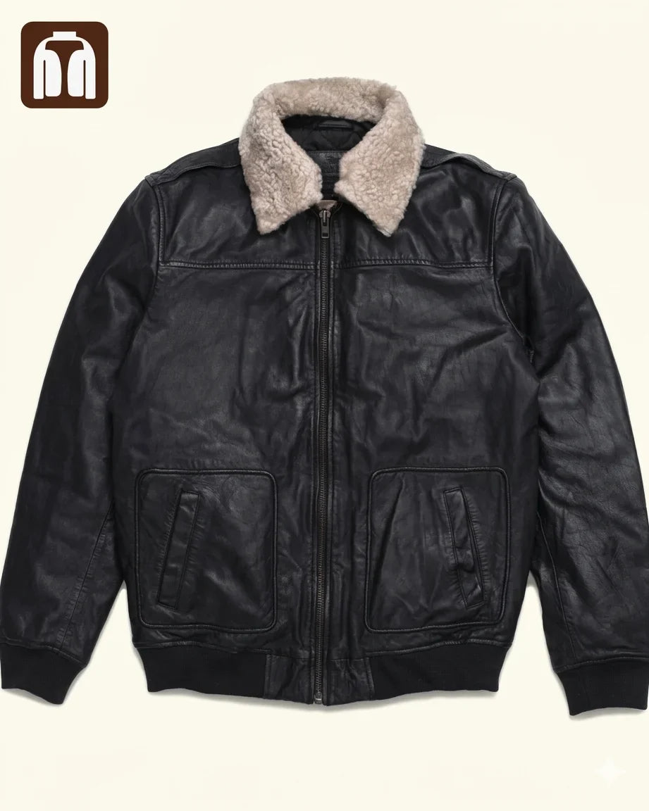 Tanniq Aviator Distressed Sheepskin Bomber Leather Jacket | Detachable Collar